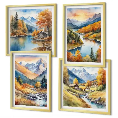Berglandschaft mit Fluss als gerahmtes Polyptychon