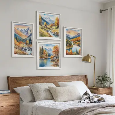 Berglandschaft mit Fluss als gerahmtes Polyptychon