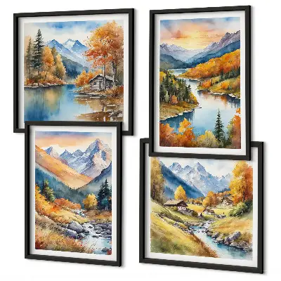 Berglandschaft mit Fluss als gerahmtes Polyptychon