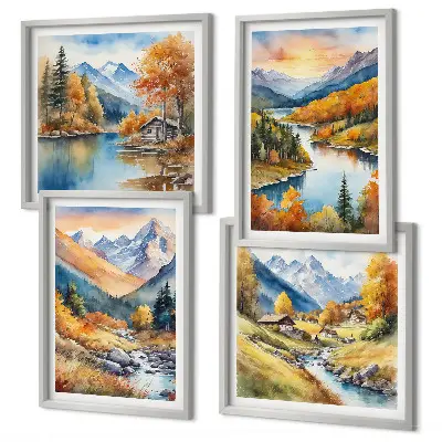 Berglandschaft mit Fluss als gerahmtes Polyptychon