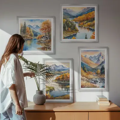 Wandbild-Set mit Berg- und Flussmotiv im Herbst
