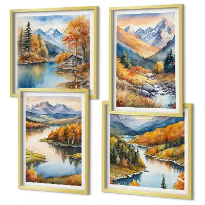 Wandbild-Set mit Berg- und Flussmotiv im Herbst