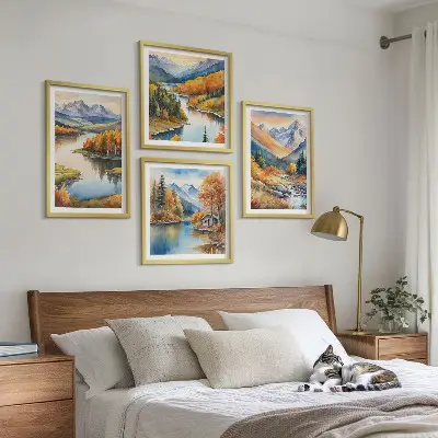 Wandbild-Set mit Berg- und Flussmotiv im Herbst