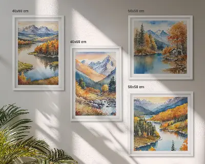 Wandbild-Set mit Berg- und Flussmotiv im Herbst