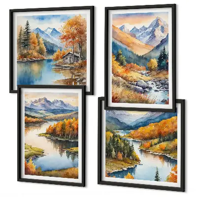 Wandbild-Set mit Berg- und Flussmotiv im Herbst