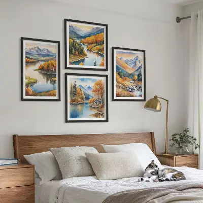Wandbild-Set mit Berg- und Flussmotiv im Herbst