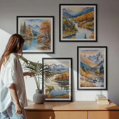 Wandbild-Set mit Berg- und Flussmotiv im Herbst