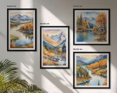 Wandbild-Set mit Berg- und Flussmotiv im Herbst