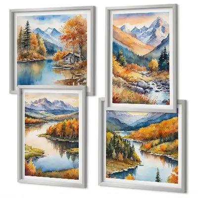 Wandbild-Set mit Berg- und Flussmotiv im Herbst
