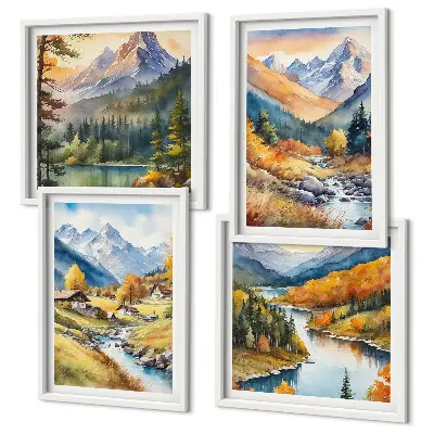 Berglandschaft mit Flusshütten als gerahmtes Polyptychon