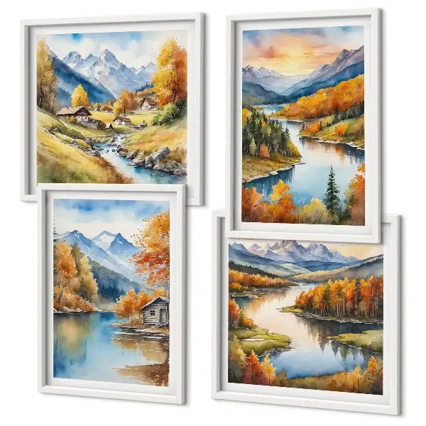Herbstliche Berge, Flusshütte als gerahmtes Polyptychon