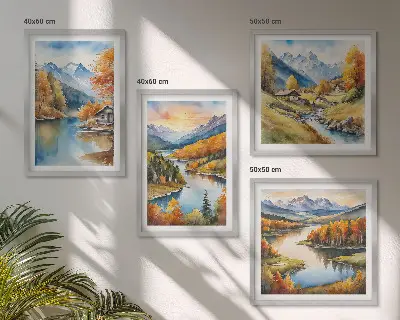 Herbstliche Berge, Flusshütte als gerahmtes Polyptychon