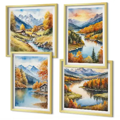Herbstliche Berge, Flusshütte als gerahmtes Polyptychon
