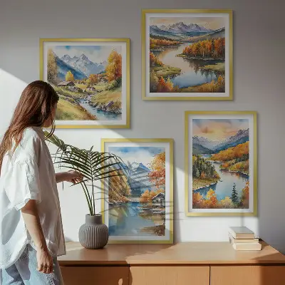 Herbstliche Berge, Flusshütte als gerahmtes Polyptychon