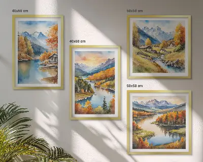 Herbstliche Berge, Flusshütte als gerahmtes Polyptychon