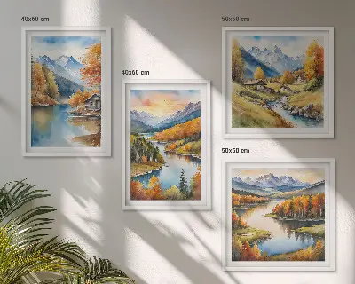 Herbstliche Berge, Flusshütte als gerahmtes Polyptychon