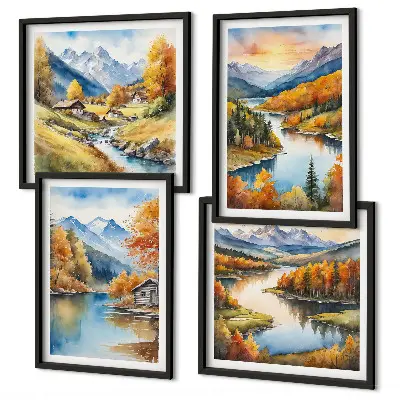 Herbstliche Berge, Flusshütte als gerahmtes Polyptychon