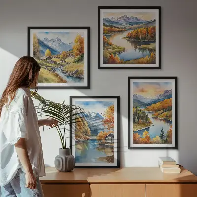 Herbstliche Berge, Flusshütte als gerahmtes Polyptychon