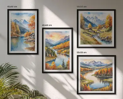 Herbstliche Berge, Flusshütte als gerahmtes Polyptychon