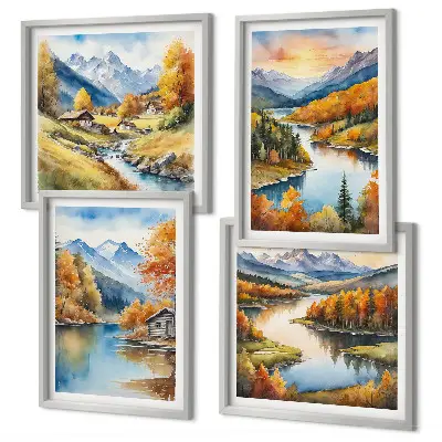 Herbstliche Berge, Flusshütte als gerahmtes Polyptychon