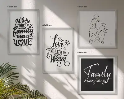 Wanddeko-Set mit den Schriftzügen Familie, Liebe, Wärme und Zuhause