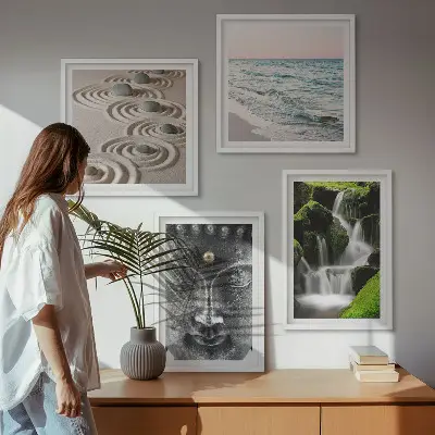 Der Frieden der Natur mit Buddha Wandbild als Polyptychon mit Rahmen
