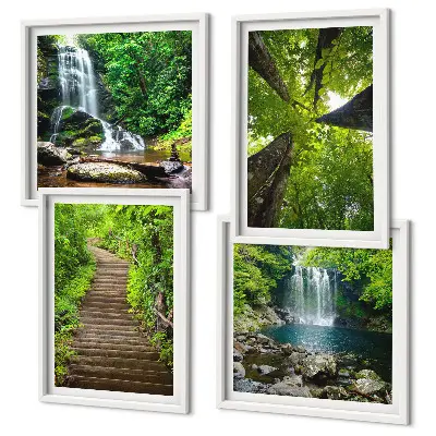 Wandbild Pfad im Wald mit Wasserfall als gerahmtes Polyptychon