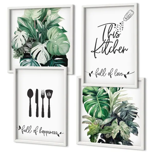 Wanddeko-Set mit Küchenutensilien- und Blättermuster
