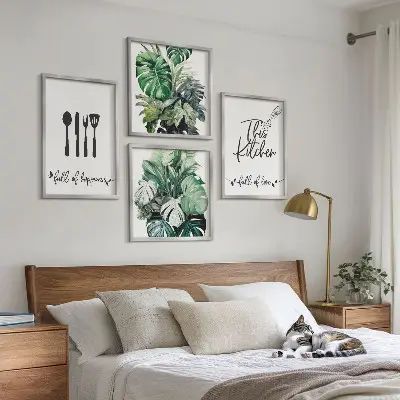 Wanddeko-Set mit Küchenutensilien- und Blättermuster