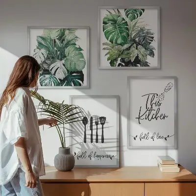 Wanddeko-Set mit Küchenutensilien- und Blättermuster
