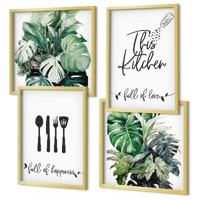 Wanddeko-Set mit Küchenutensilien- und Blättermuster