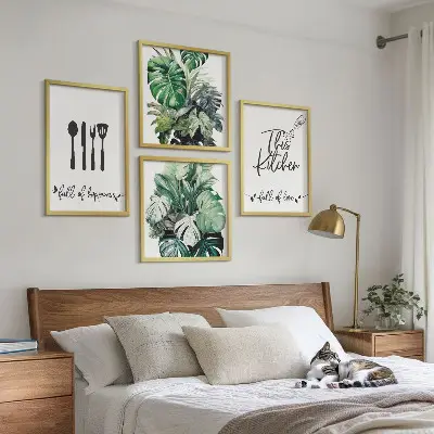Wanddeko-Set mit Küchenutensilien- und Blättermuster