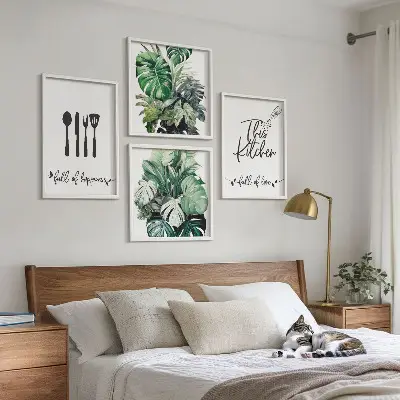 Wanddeko-Set mit Küchenutensilien- und Blättermuster