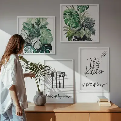 Wanddeko-Set mit Küchenutensilien- und Blättermuster