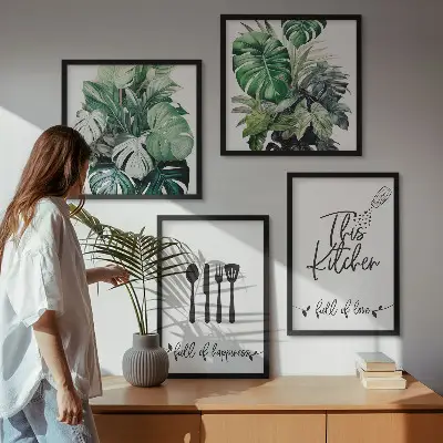 Wanddeko-Set mit Küchenutensilien- und Blättermuster