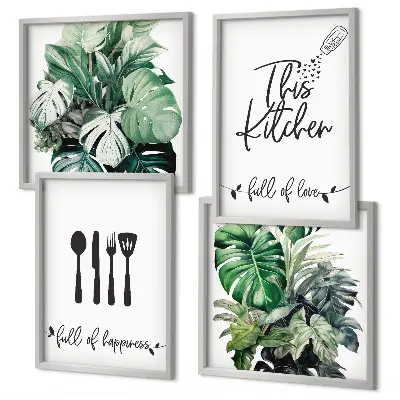 Wanddeko-Set mit Küchenutensilien- und Blättermuster