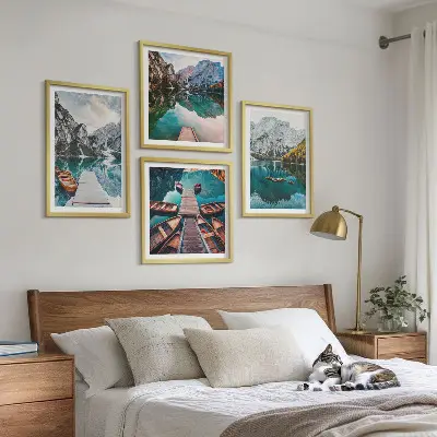 See, Brücken, Berge Polyptychon mit Rahmen