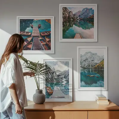 See, Brücken, Berge Polyptychon mit Rahmen