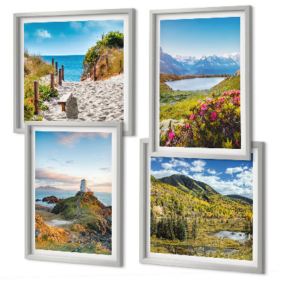 Polyptychon mit rahmen Strand, Leuchtturm, Berge, Wiesen, Blumen