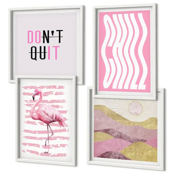 Polyptychon Pastellfarbene Berglandschaft mit rosa Flamingos mit Rahmen