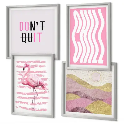 Polyptychon Pastellfarbene Berglandschaft mit rosa Flamingos mit Rahmen