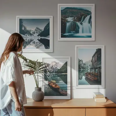 Spiegelung der Boote auf Bergseen Polyptychon mit Rahmen
