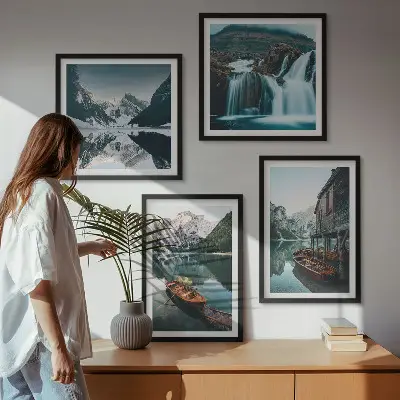 Spiegelung der Boote auf Bergseen Polyptychon mit Rahmen