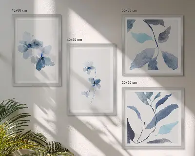 Minimalistische blaue Blumen Polyptychon mit Rahmen