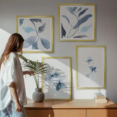 Minimalistische blaue Blumen Polyptychon mit Rahmen
