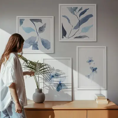 Minimalistische blaue Blumen Polyptychon mit Rahmen