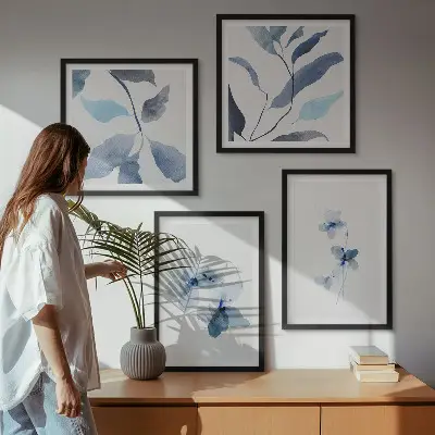 Minimalistische blaue Blumen Polyptychon mit Rahmen
