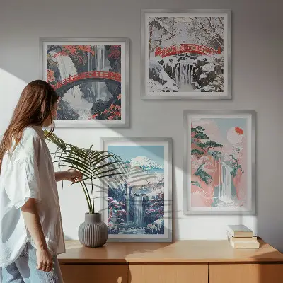 Wanddeko-Set mit Motiven von Wasserfällen, Bergen, Brücken und Bäumen