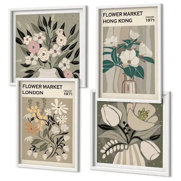 Wanddeko-Set mit Blumenillustrationen von London und Hongkong