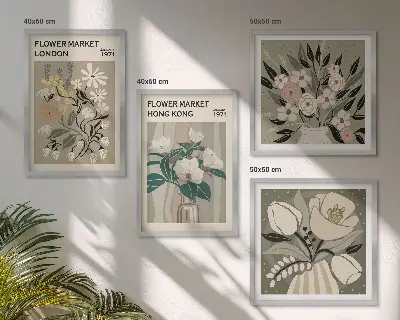 Wanddeko-Set mit Blumenillustrationen von London und Hongkong